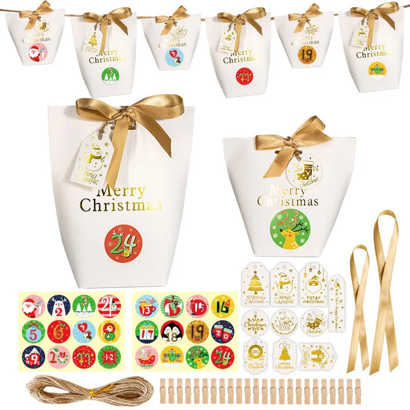 

24pcs Upscale White Bronzing Merry Christmas Candy Box Creative Favor Gift Box Package Bags With Ribbon Tag Christmas Decoration