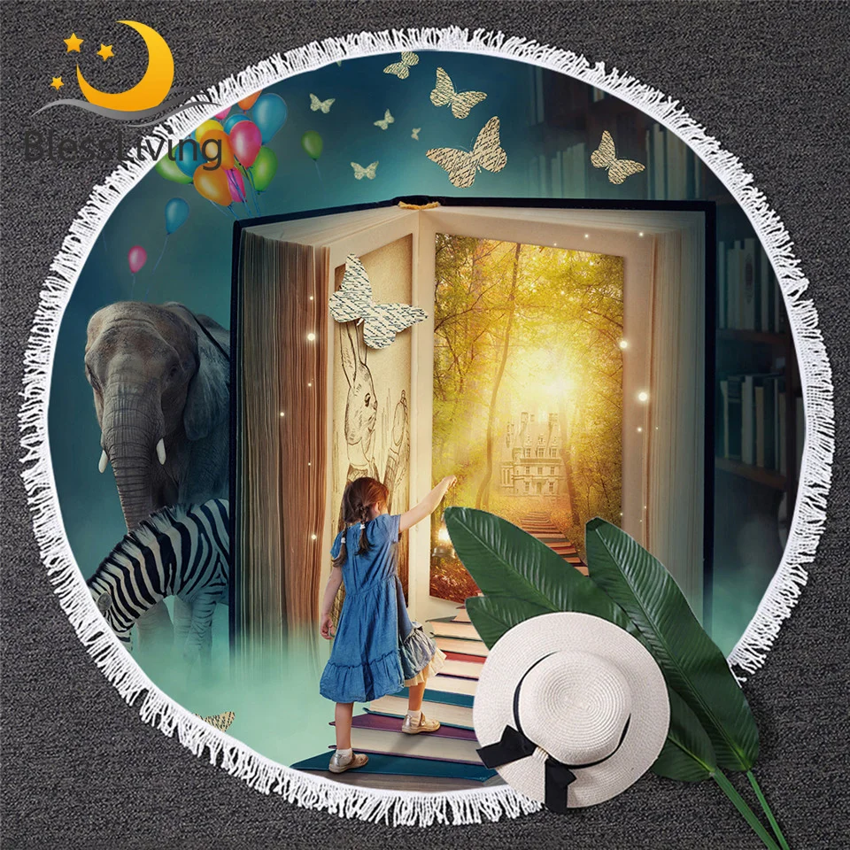 Круглое пляжное полотенце для маленькой девочки украшение книг лестницы кролик