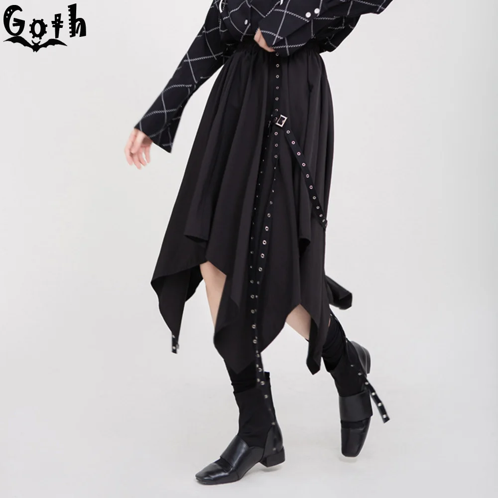 Женская Асимметричная юбка миди Goth черная с высокой талией в стиле панк готика