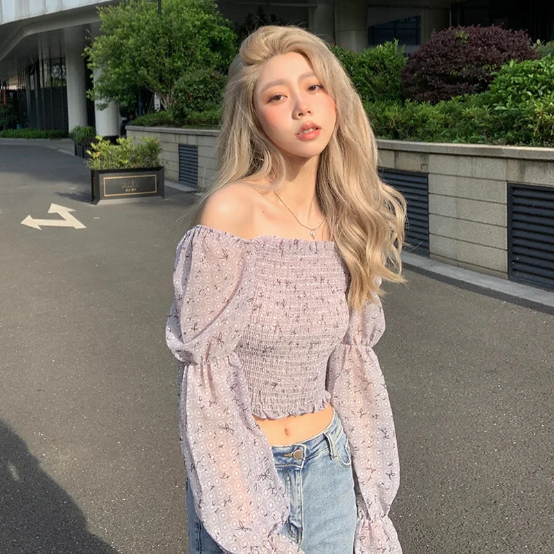 Floral Long Sleeve Shirt Chiffon Women's Sense of Design Summer 2021 New French Bubble One Shoulder Short Top | Женская одежда