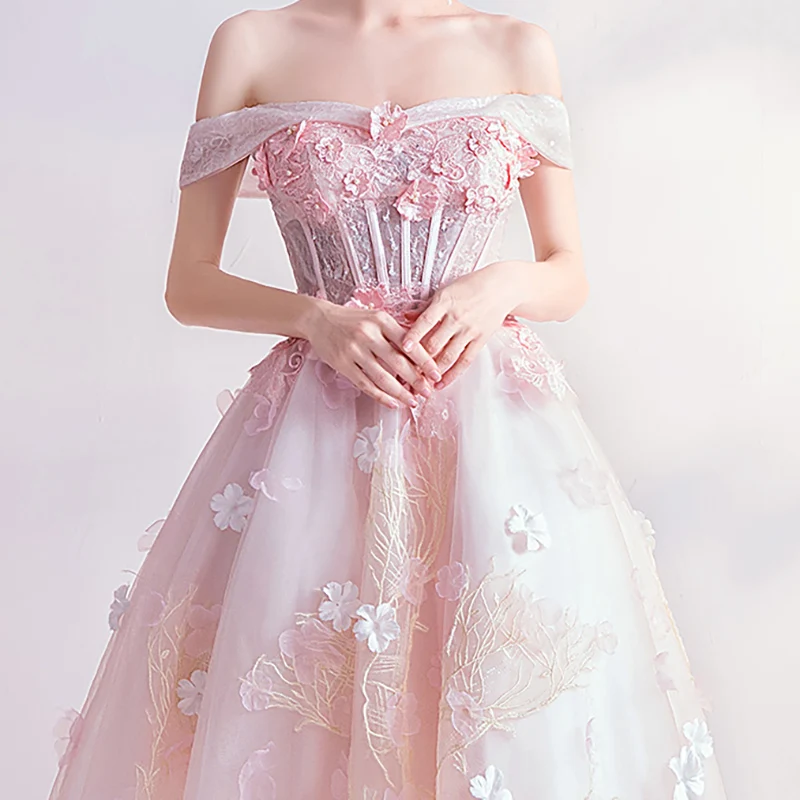 

Evening Dress Illusion Appliques Embroidery Off The Shoulder O-Neck Short Tulle Lace Knee-Length A-Line Women Formal Gown TS680