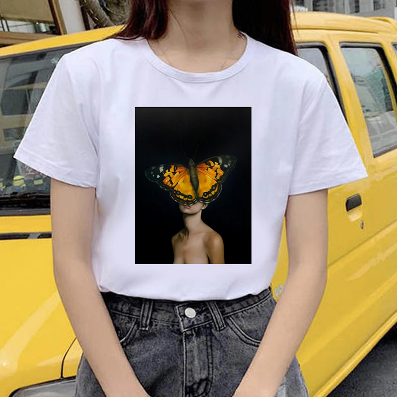 

Beautiful Feather Flower Print T-shirt Fashion Women's T-shirt O-neck Short Sleeve T shirt Harajuku Casual Street Wear Women Top