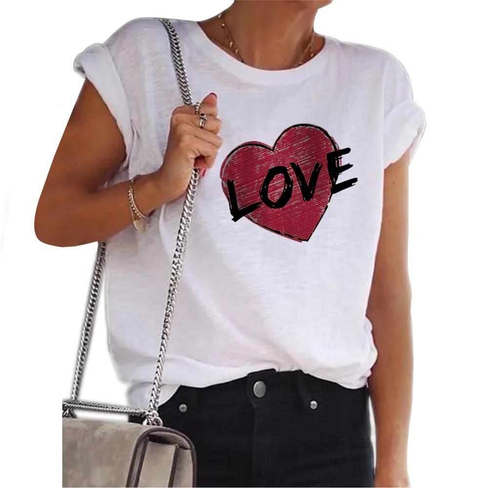 

Women's T Shirt Heart Love Print Summer Short Sleeve O-Neck Tops Oversize Casual Tees Fashion Tees Female Clothing