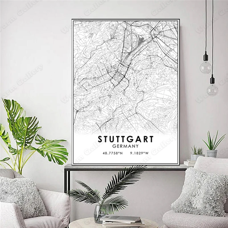 Черно-белая карта города Германии Карта Штутгарт плакат HD печать настенное