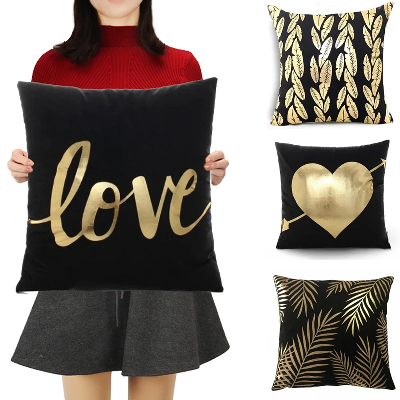Черно-золотистая Бриллиантовая золотистая фольга Подушка с принтами листьев