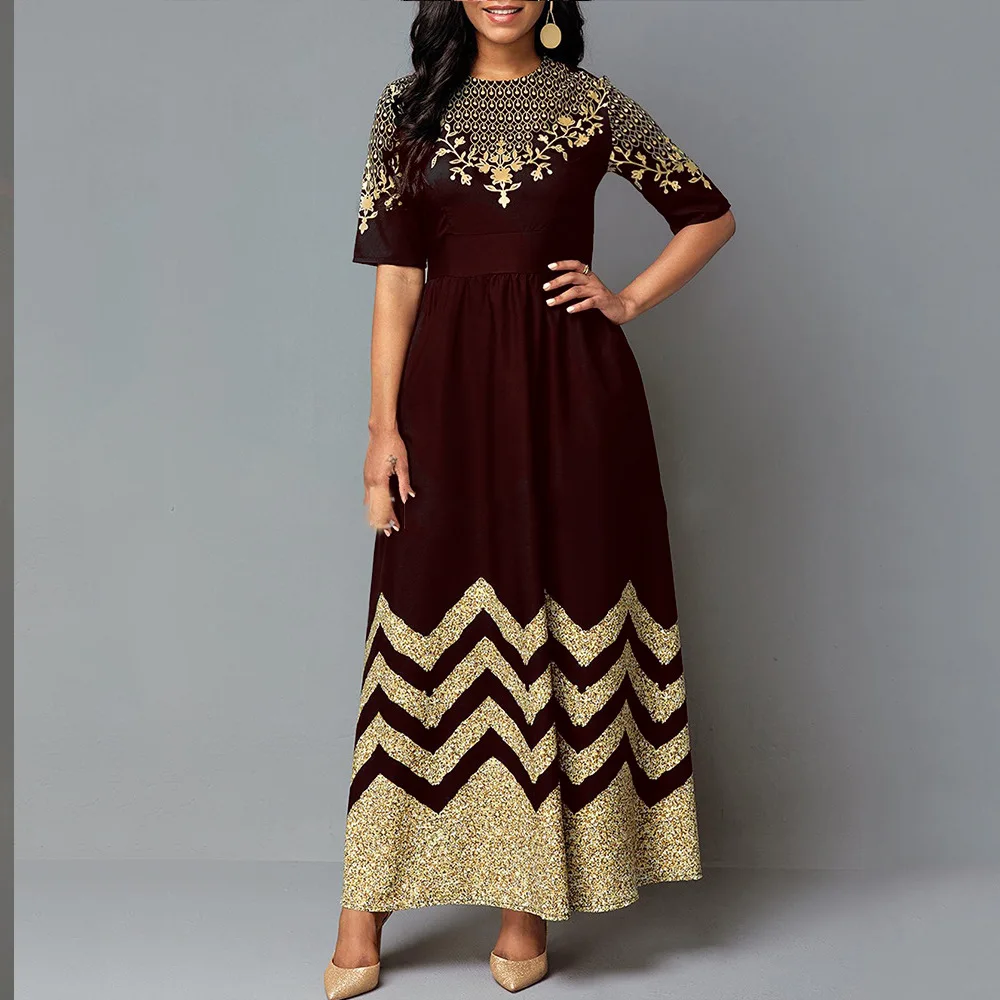 

New Fashion Medium Sleeve Printed African Long Skirt Round Neck Dress Elegant Retro Dress Women's Wear