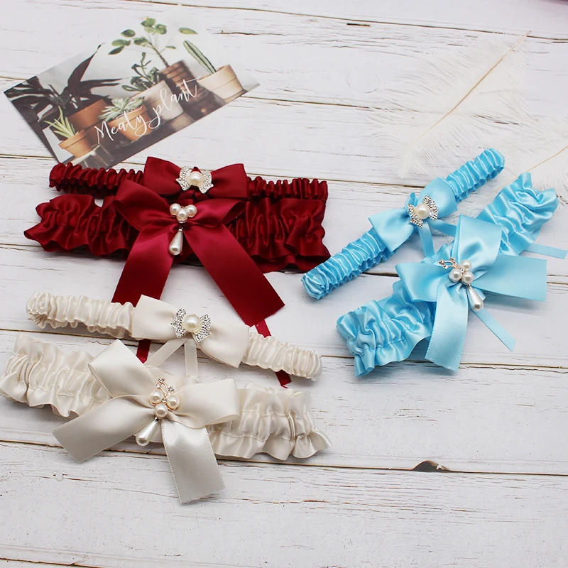 

Wedding Garters Set Bride Keepsake Garters Satin Bowknot Pearl Crystal Bridal Garter Belt Toss Set for Women/Female Leg Garter