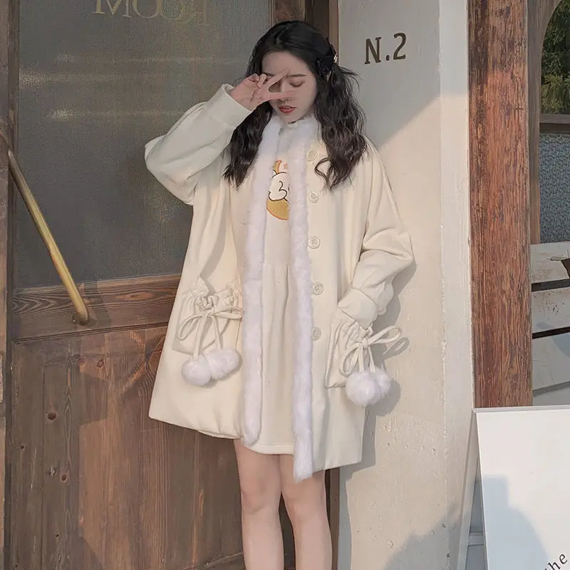 

Японское шерстяное Бандажное пальто с помпоном, женское Свободное длинное белое шерстяное пальто с милым бантом, новинка сезона осень-зима ...