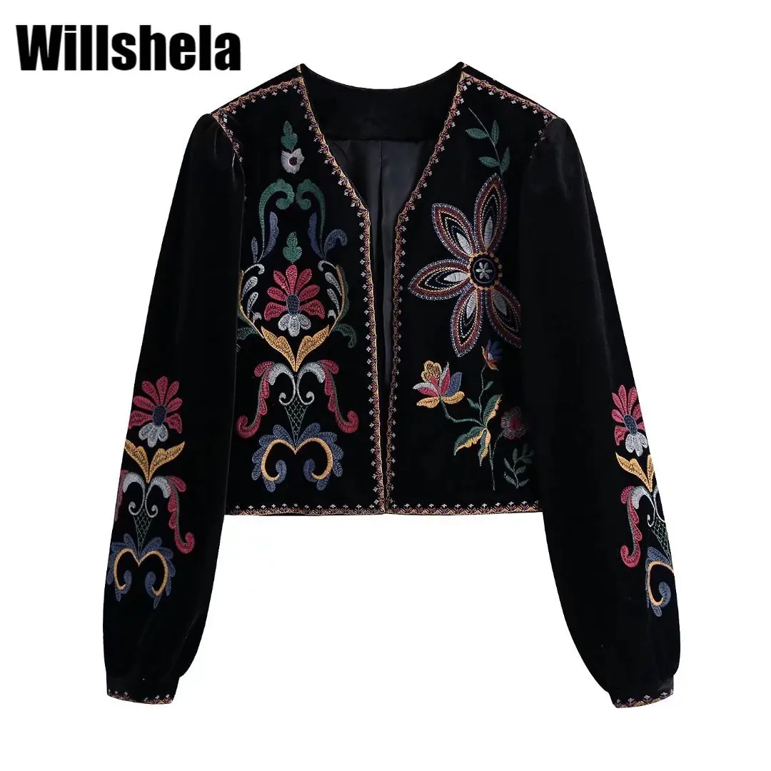 

Willshela Women Vintage Embroidered Velvet Open Jacket Long Sleeves Bead Appliques Chic Lady Woman Casual Short Blazer Coat