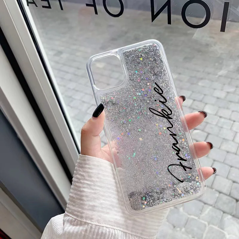 

Customized Name picture Glitter Gold Silver Sequins quicksand Case for iphone 13 12 Pro Max 11 ProMAX XS Max XR X 8 7 Plus Cover