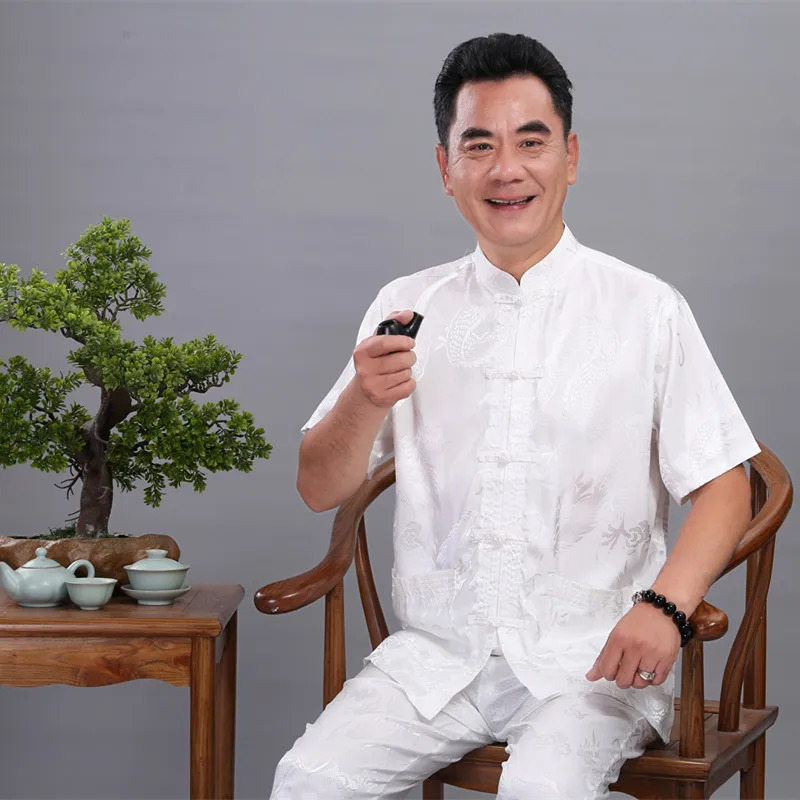 Navyblue Dragon Китайский мужской костюм кунг-фу атласная форма для ушу с короткими