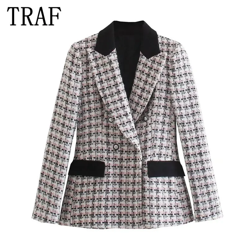 

TRAF Tweed Blazer Women Plaid Jacket Woman Winter 2021 Double Breasted Elegant Female Blazer Office Long Sleeve Fitted Coat