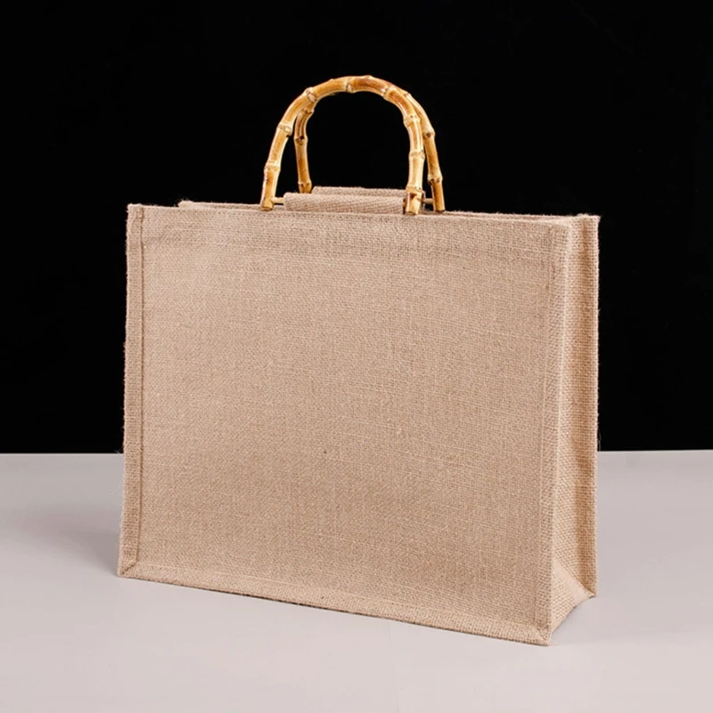 

Portable Burlap Jute Shopping Bag Handbag Bamboo Loop Handles Tote M68C