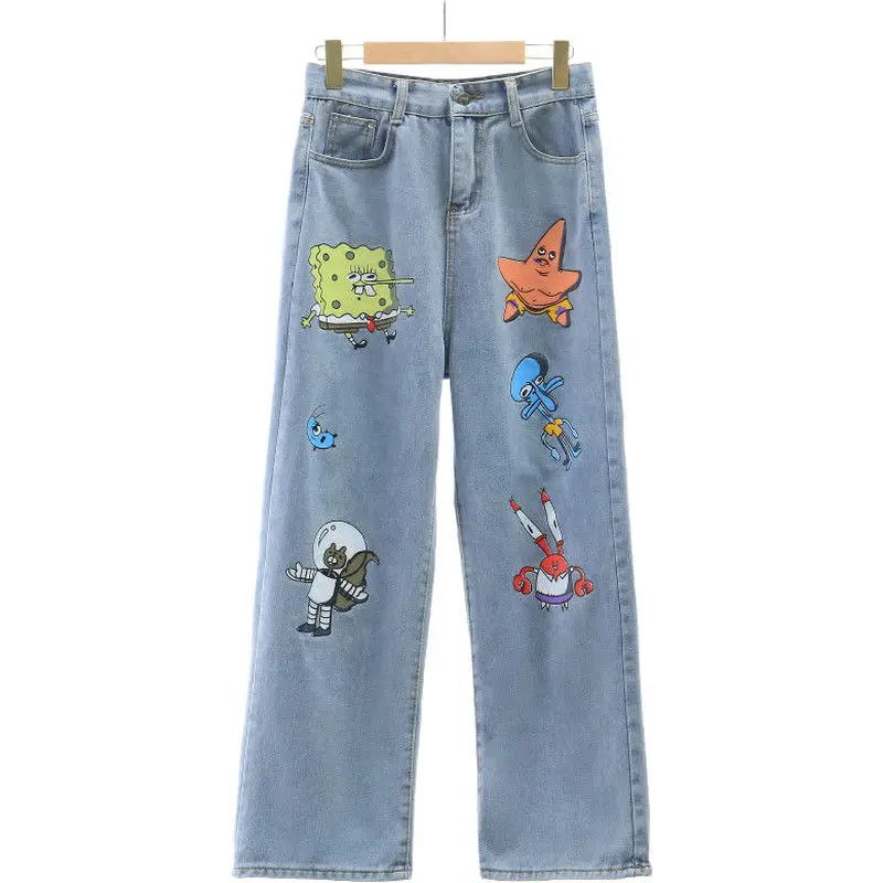 

Джинсы женские с широкими штанинами, модные прямые джинсы в стиле Харадзюку, универсальные Мультяшные, для студентов, весна-осень