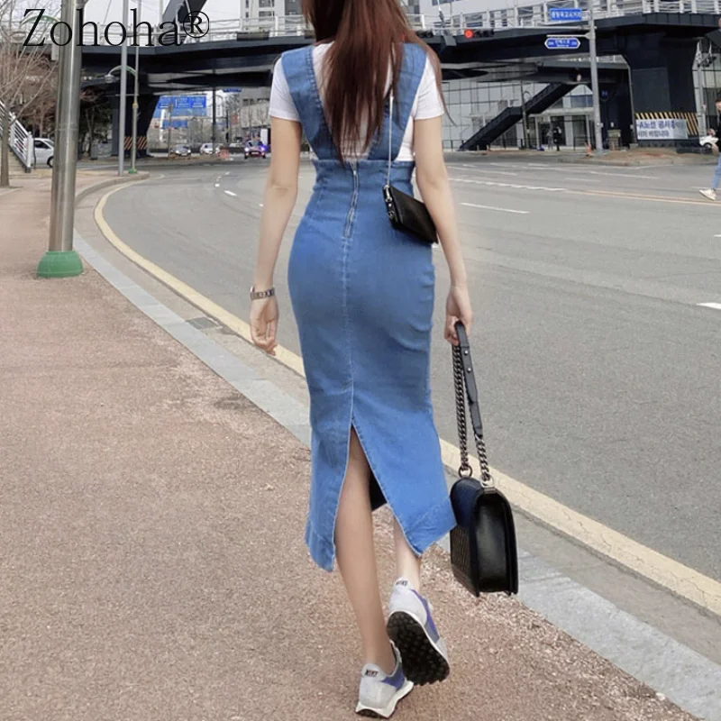 

Zohoha 2021 Summer New Casual Temperament Mid-length Denim Skirt Fashion Slit Bag Hip Strap Skirt Women Dresses Summer