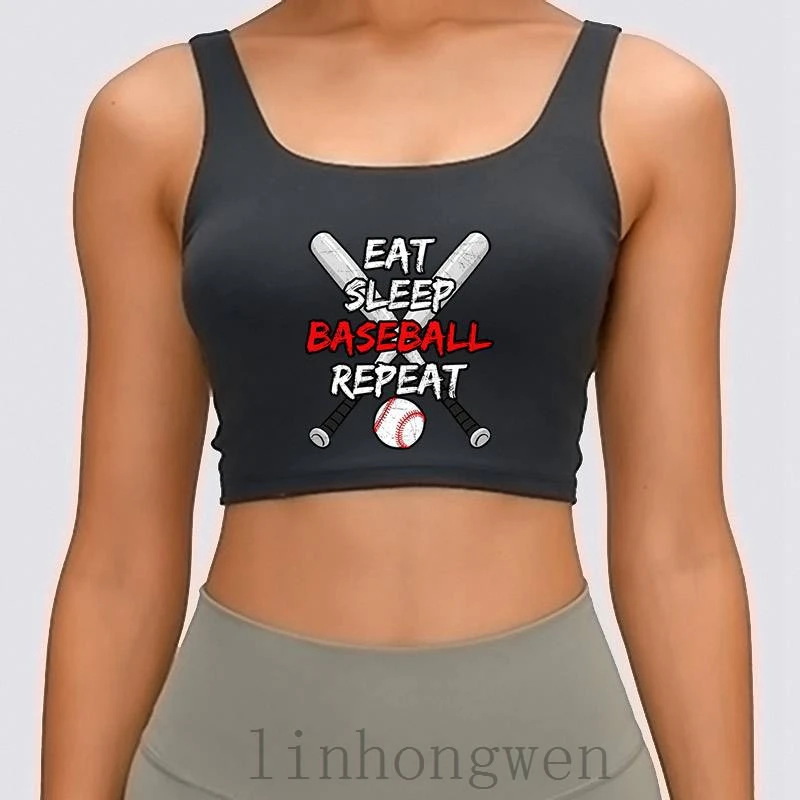 

Eat Sleep Baseball Repeat Women Tank Top Anti-Wrinkle Summer Designing Unique Crew Neck Natural Comical Crop Top