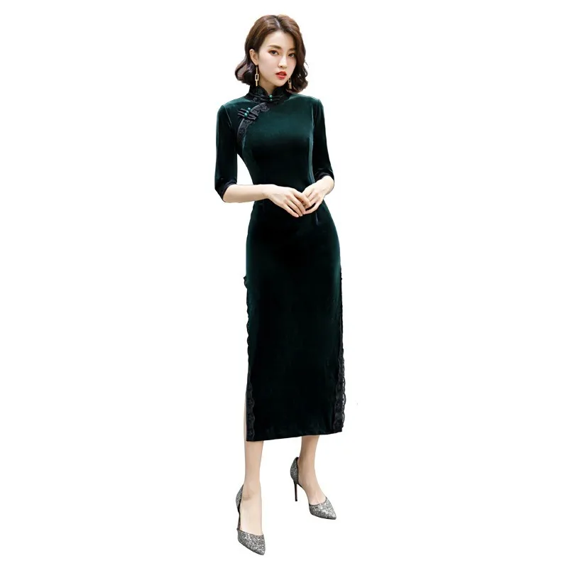 

Spring and autumn new improved Chinese style velvet cheongsam, long wine red banquet catwalk dress, improved cheongsam