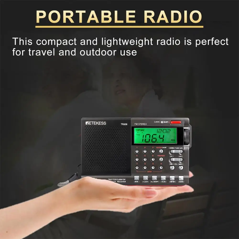Портативный цифровой радиодинамик Retekess TR608 FM / MW/ SW Air с ЖК дисплеем будильником и