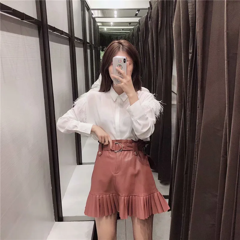 Винтажная юбка из искусственной кожи Женская однотонная плиссированная