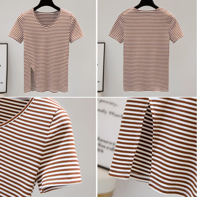 

LJSXLS New Striped O-Neck Women's T-shirt Slim Split Fork Top Short Sleeve T-shirts Female Summer Casual Korean Women Clothing