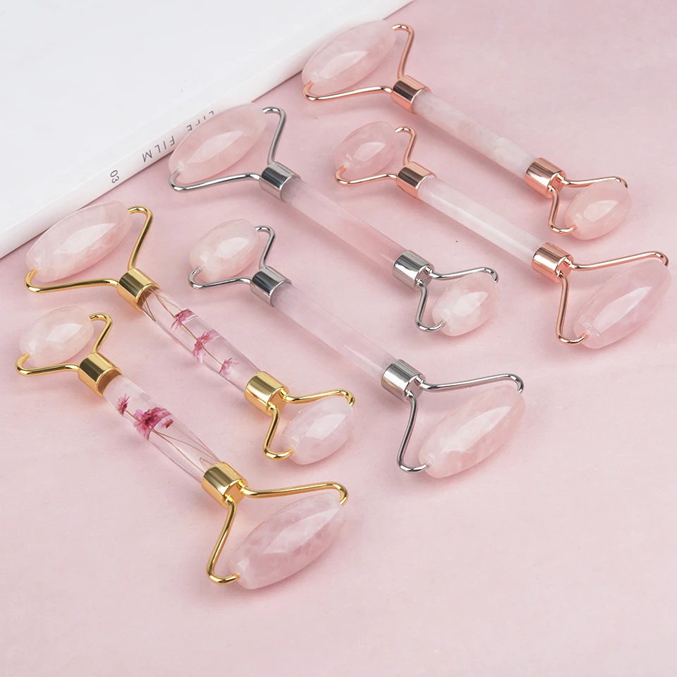 

Massager For Face Lift Up Jade Stone Roller Rose Quartz Natural Crystal Stone Slimming Thin Chin Facial Skin Care Tool
