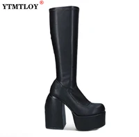 hot 2022 new punk style platform boots elastic microfiber shoes woman spice mid calf high heels black thick platform long knee