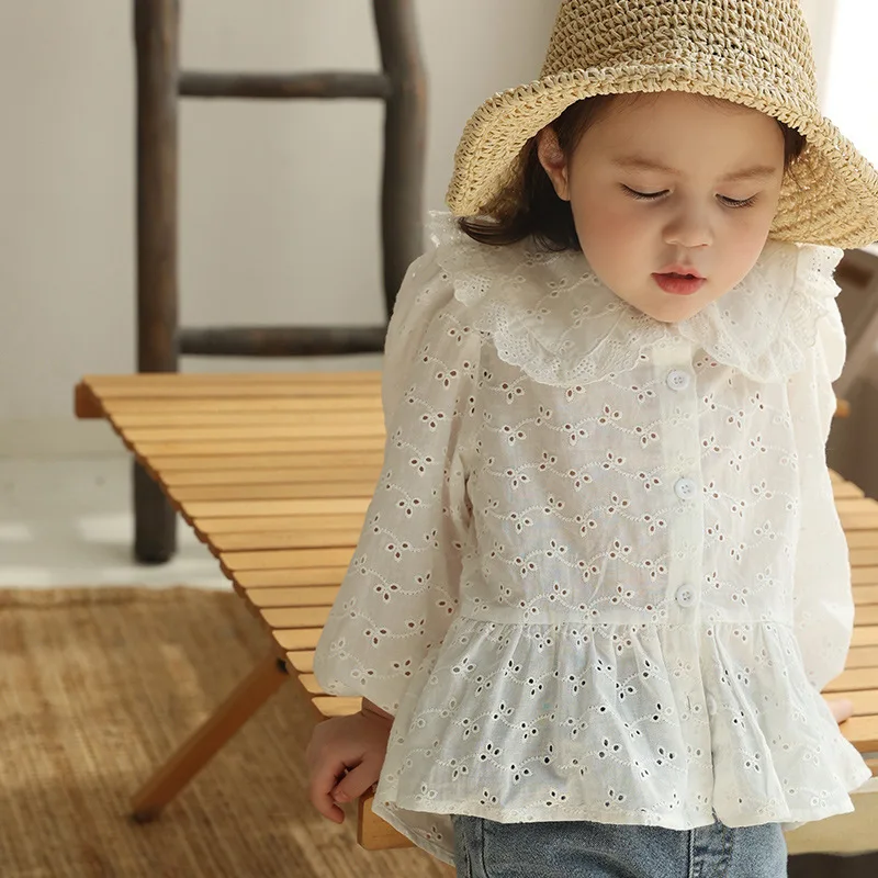 

2021 New Girls White Blouse Kids Long Sleeves Shirt Spring Summer Toddler Princess Cotton Lace Top Children Ruffle Neck Blouse