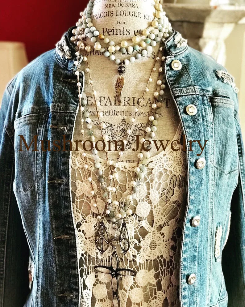 Long Wing Charm For Women Necklace  Natural Amazonite Bead Stone Necklace Wings