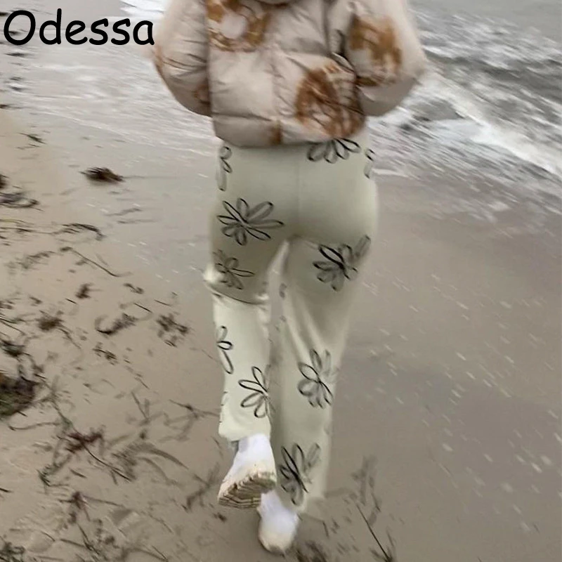 

Odessa Vintage Print Wide Leg Pant Women Casual Y2K Beige Knit High Waist Floral Summer Loose Trousers 90S Street Fashion Pants
