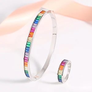 Silver Sets Клипсы на замке женские кольца на браслет Ювелирные наборы из кубического циркония квадратные радужные стразы Свадебные обручальные женские кольца на браслет ювелирные наборы - Окраска металла: Silver Sets
