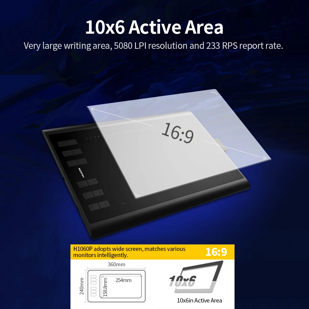 Графический планшет HUION H1060P для рисования безбатарейный стилус наклон ± 60 °