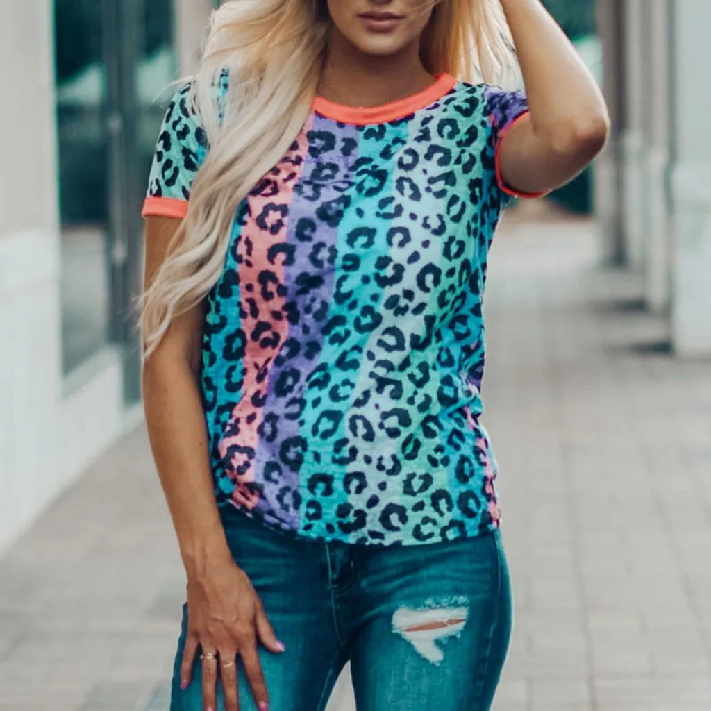 Женские топы стильные цветные леопардовые свободные круглый вырез летние реглан