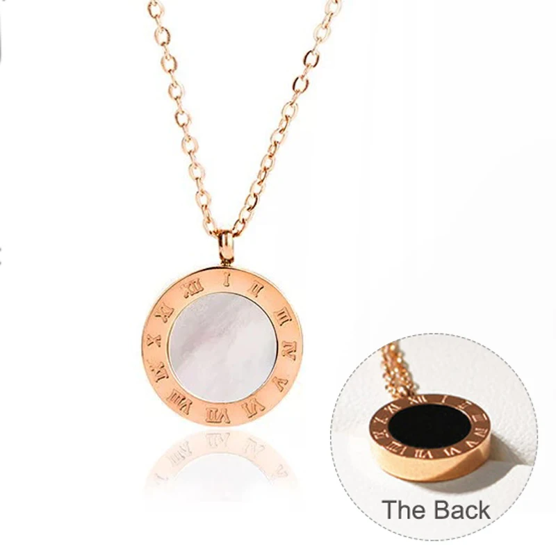 

Stainless Steel Roman Numbers Necklace Double Sided Necklace Roman Numeral Jewelry Women Rose Gold Round Pendant No Fade