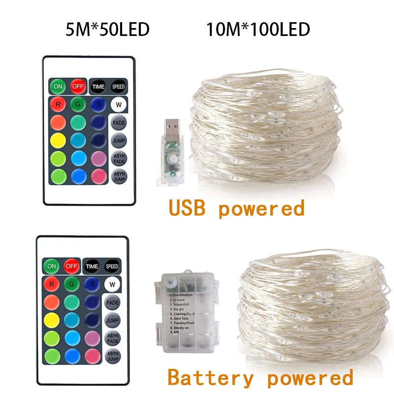 5M 10M Battery USB LED Copper 16 Colors Remote Control  Fairy Wire String Lights For Wedding Christmas Garland Party Home Decor