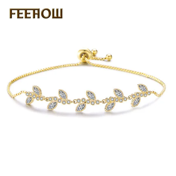 Gold Color 74 FEEHOW, высокое качество, Marquise Cut, прозрачный CZ циркониевый браслет и браслеты для женщин, подарок, модный, кристалл, камень, лист, ювелирное изделие, FWBP061 - Окраска металла: Gold Color 74