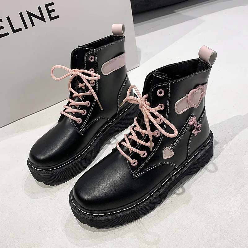 

TOPHQWS 2021 Fashion PU Leather Woman Ankle Boot Casual Autumn Winter Platform Shoes Lace Up Motorcycle Female Martin Boots