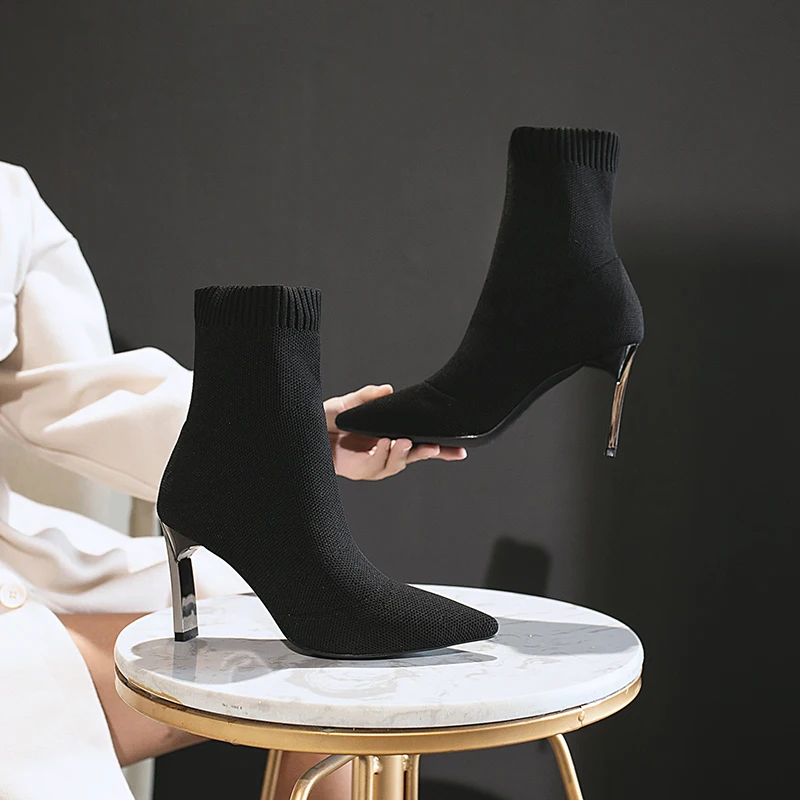 

SEGGNICE Sock Boots Women Fashion 2023 High Heel Shoes Sexy Ankle Booties Black Slip Thin Heels Shoes Woman Ladies Party Boot