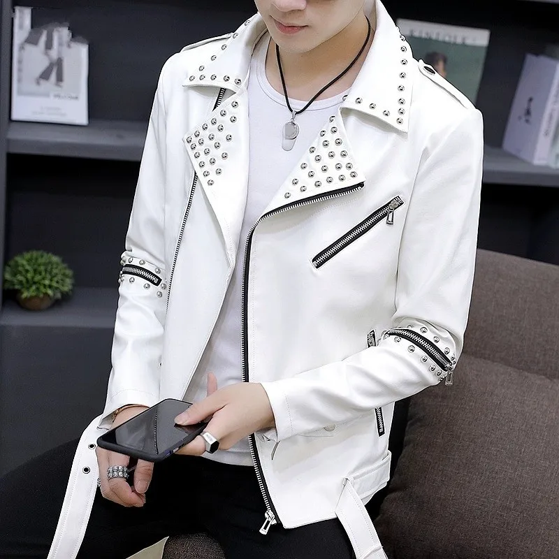 Индивидуальная мужская кожаная куртка с заклепками модная мотоциклетная в стиле