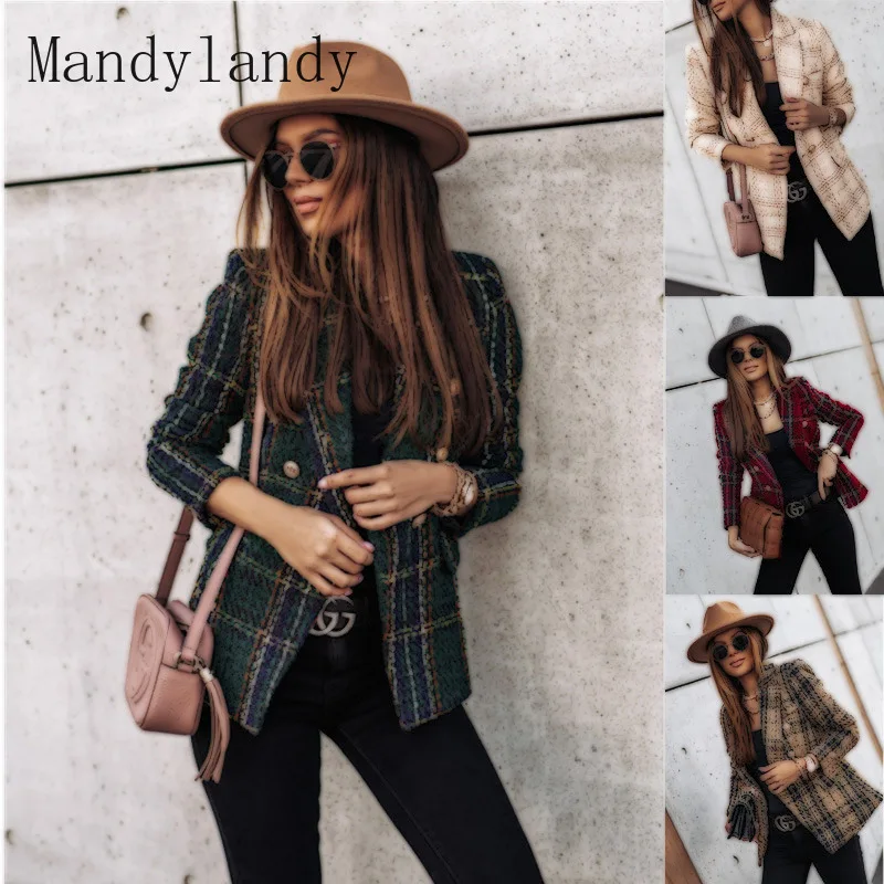 

Женская клетчатая куртка на пуговицах Mandylandy, модные женские повседневные блейзеры с отворотом и принтом, облегающее тонкое пальто с длинны...
