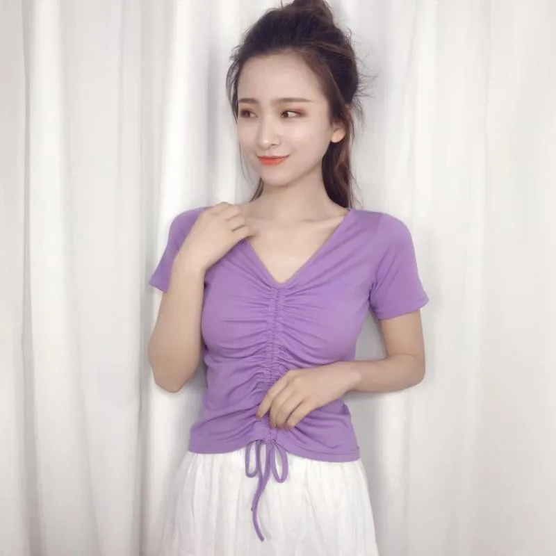 

Korean Style New Women Summer Casual Cotton Shirts Short Sleeves V-Neck Tops Drawstring folds Slim Fit Shirts -