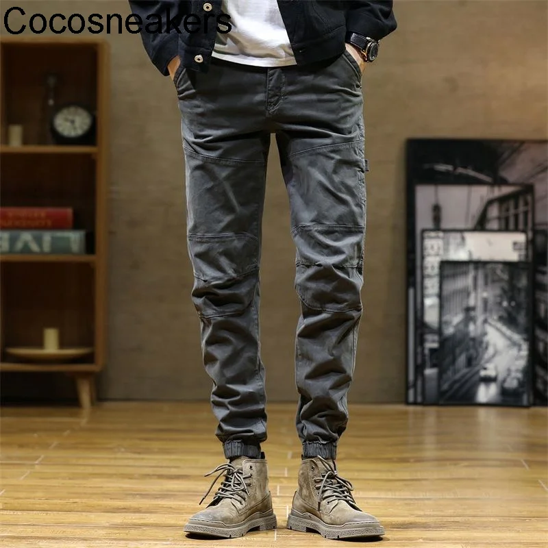 

autumn wash used versatile men's simple solid color elastic small foot overalls