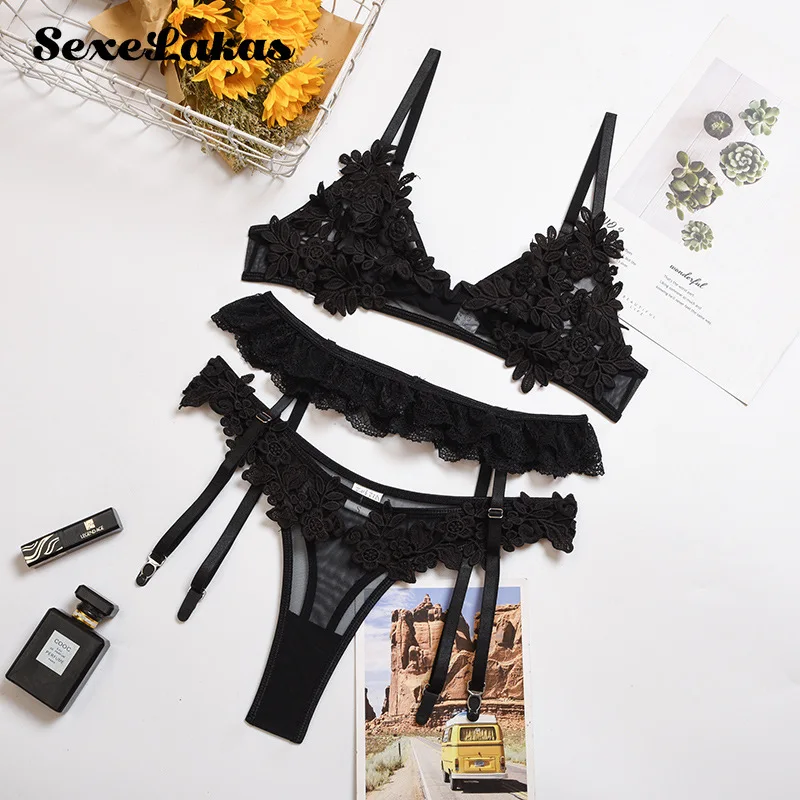 

Mesh Sheer Lingerie Women Sexy Lace Floral Embroidery Underwear Set Bra Panty with Garter Belt See Through Nightwear Lingerie