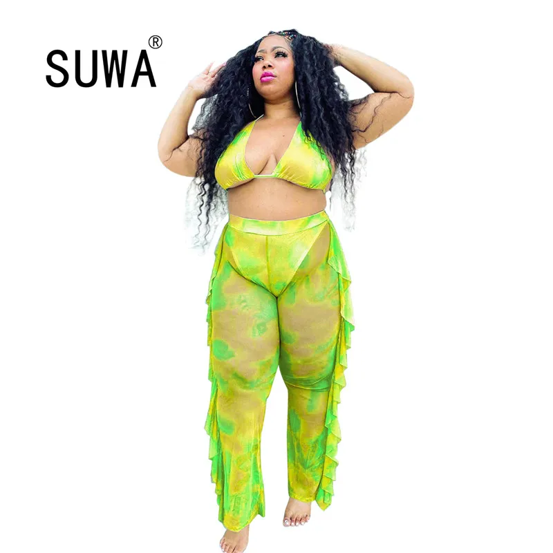 Размера плюс L-4XL Для женщин пляж Стиль варенка с принтом из двух частей комплекты