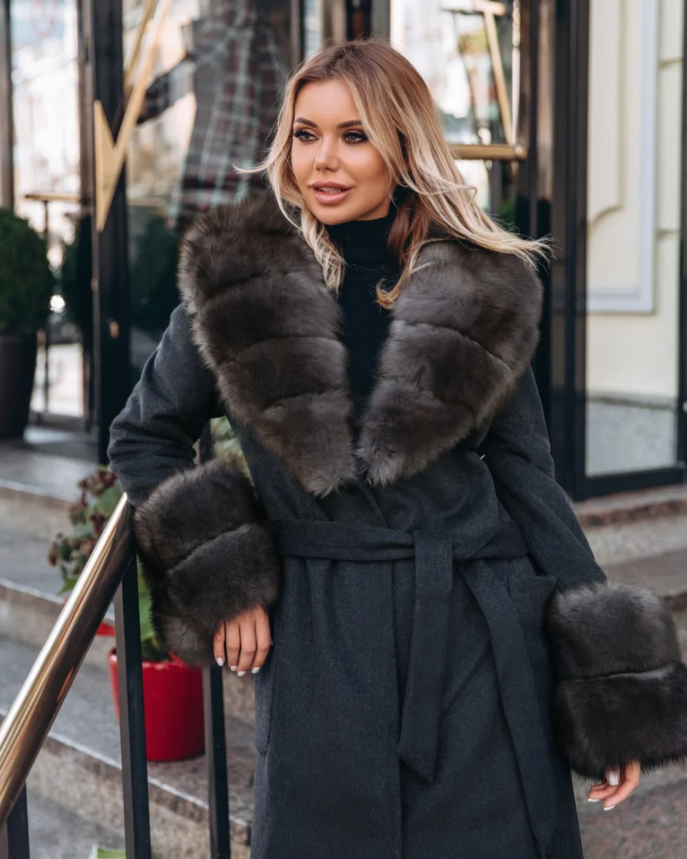 100cm Long Winter Fashion Real Fur Coats Women High Street Wool Blend With Natural Fox Fur Collar Warm Cashmere Fur Overcoats enlarge