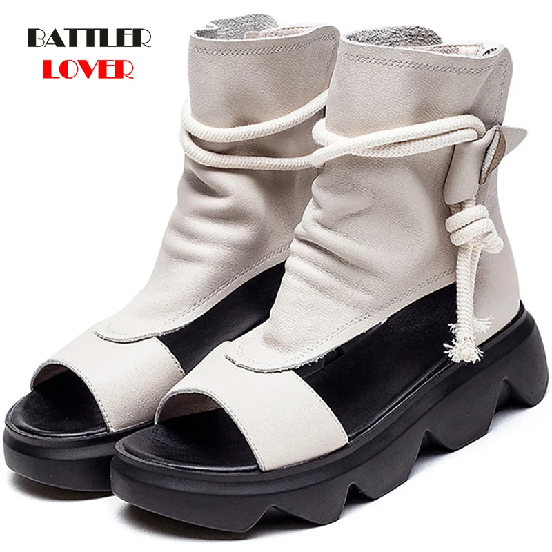 

100% Genuine Cow Leather Hollow Boots For Women 2021 Casual Ankle Botas Cut-outs Sandals Female Retro Handmade Summer Flat Shoes