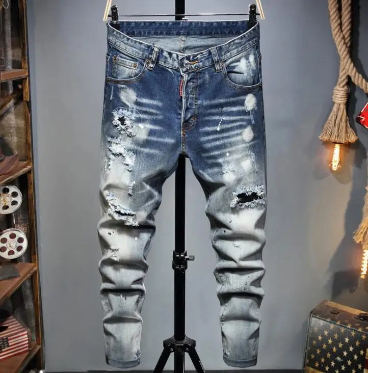 Джинсы men's slim stretch jeans trousers winter new tattered white blue embroidered джинсы с высокой талией pants