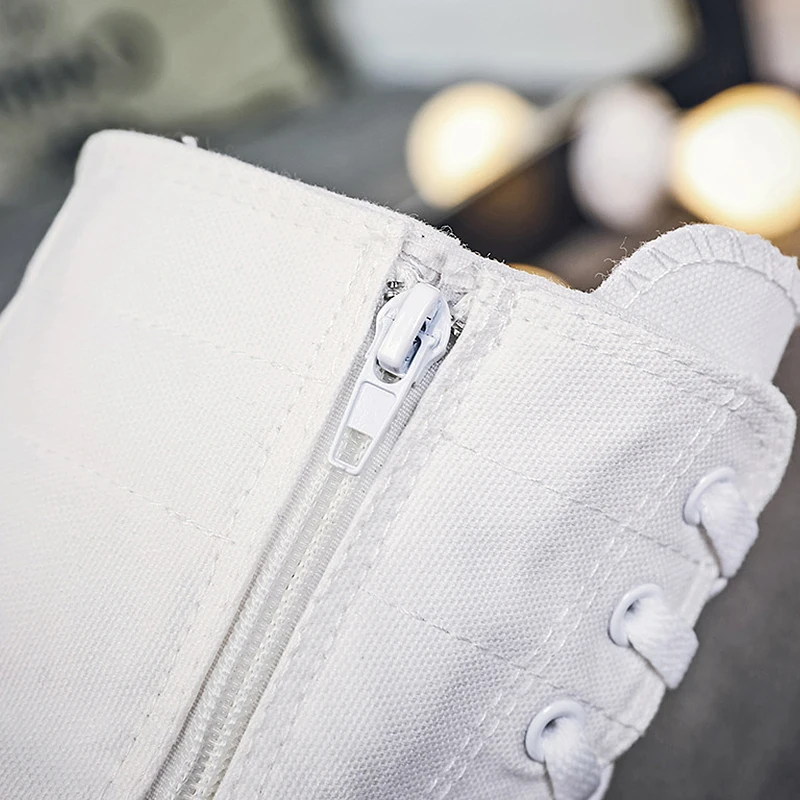 Женские высокие ботинки парусиновые повседневные на плоской подошве шнуровке