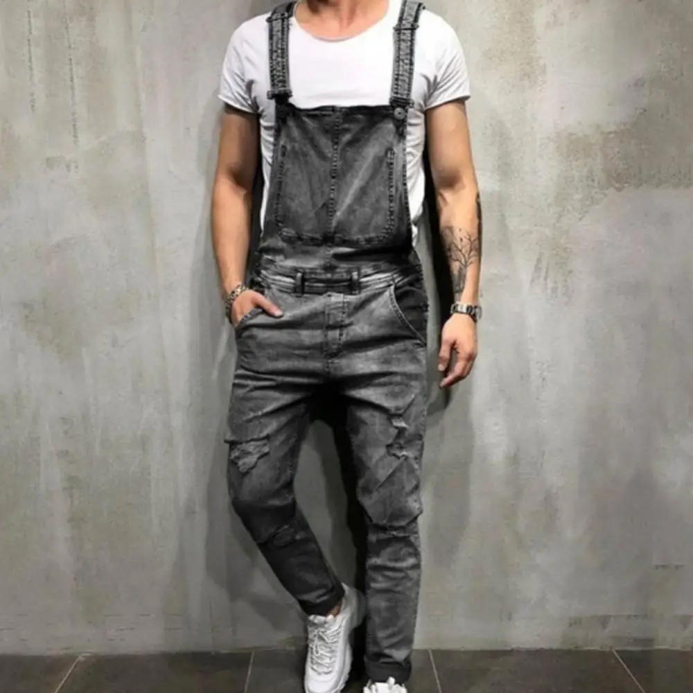 Wholesale Retro Summer Men Ripped Denim Overalls Destroyed Hole Long Pants Jeans Jumpsuit