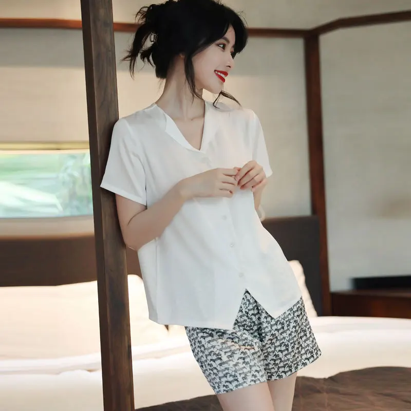 

Shirt&Shorts Satin 2PCS Pajamas Set Women Sleepwear Casual Nightwear PJS Suit Print Leopard Lingerie Homewear Soft Loungewear