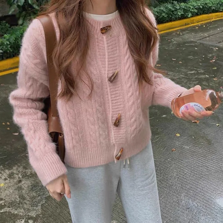 

Korean Casual Horn Button Up Sweater Cardigan Coats Women Winter Oversized Jacket Black Knitted Cropped Tops Female Loose Coat